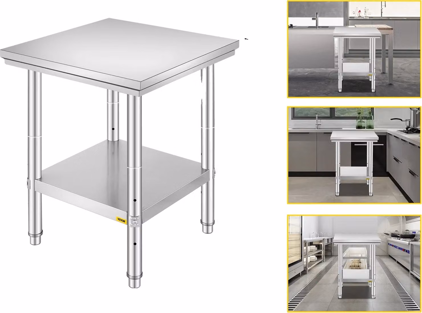 Tavolo da ristorazione commerciale, acciaio inossidabile resistente, base regolabile, 24x24x32 pollici 330LB
