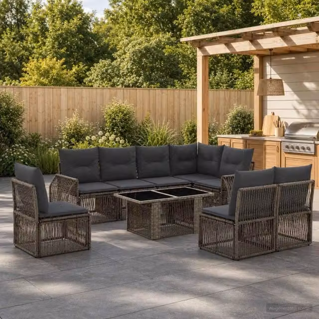 Set Divano da Giardino vidaXL 9 Pezzi a Forma di U in Polyrattan Grigio e Antracite con Cuscini e Tavolino
