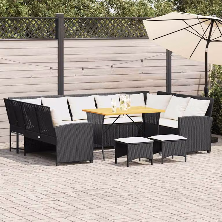 Set di divani da giardino vidaXL in polyrattan nero con cuscini e tavolino da esterno