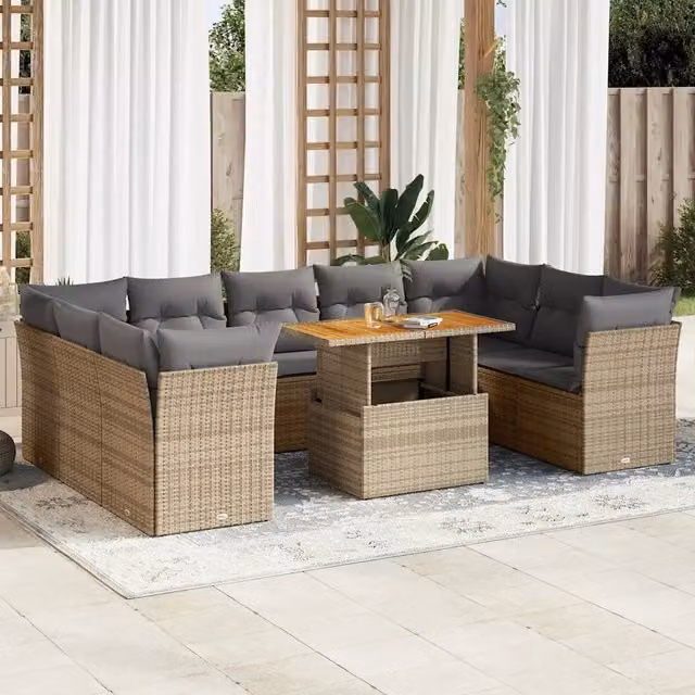 Set Divano da Giardino a L vidaXL in Polyrattan con Cuscini Beige e Tavolino da Esterno – 1