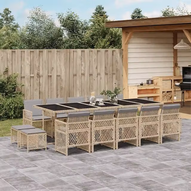 Set da Pranzo da Giardino 15 pz con Cuscini Beige in Polyrattan 3210816