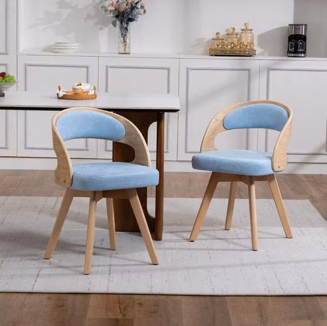 Sedia da pranzo girevole ULEVR 44x41x75 cm in lino blu, con cuscino imbottito e gambe in legno di faggio