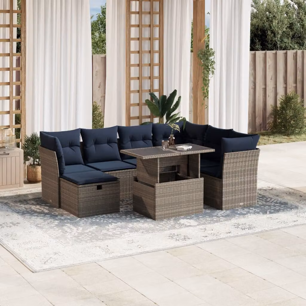 Set da giardino vidaXL in polyrattan 8 pezzi con cuscini grigi e blu, design moderno a L con tavolino e pouf in metallo resistente ai raggi UV