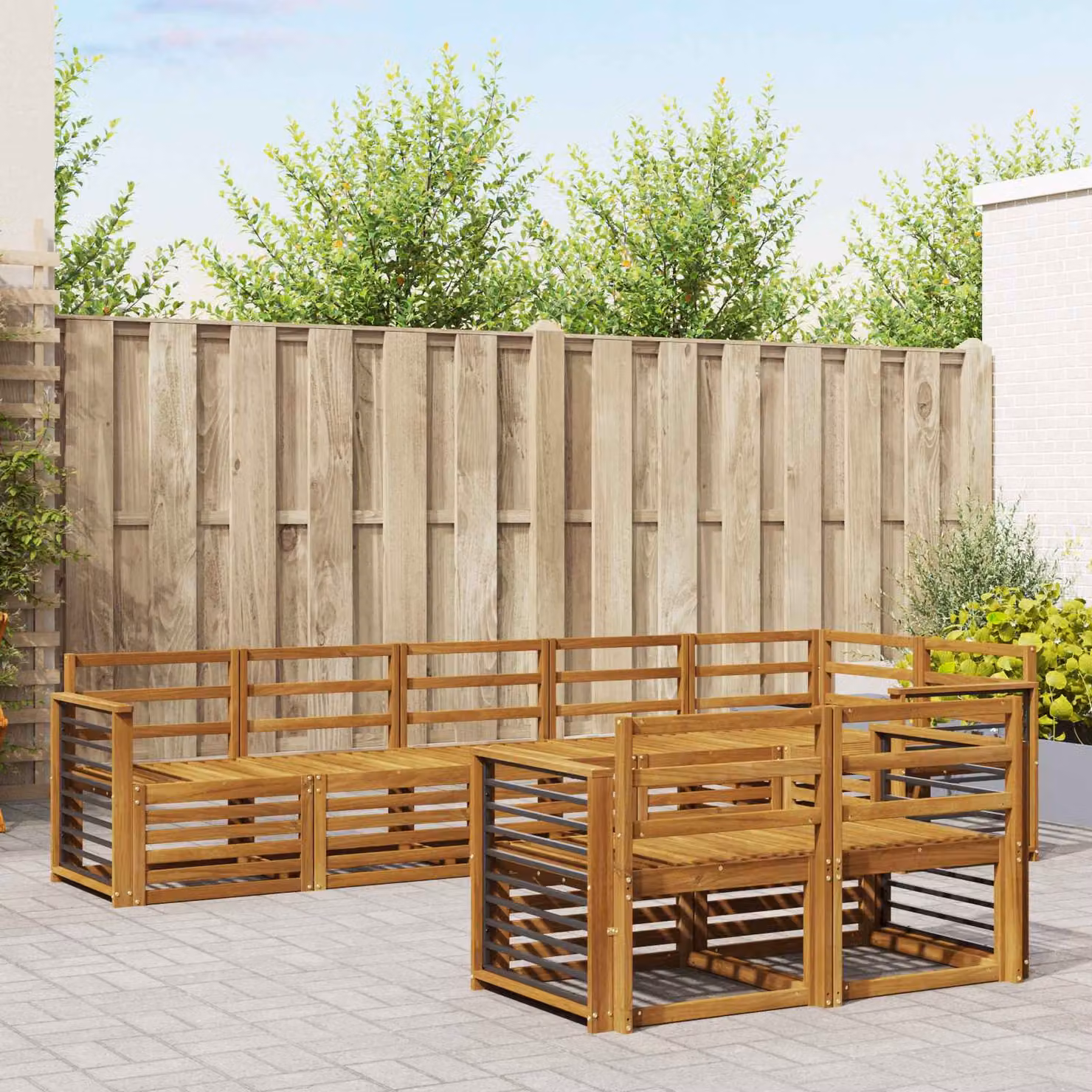 Set di divani da esterno a L vidaXL 8 pz in legno di acacia con cuscini beige e bianco