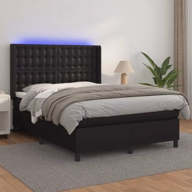 vidaXL Giroletto a Molle con Materasso e LED Nero in Similpelle, L/P: 140 x 190 cm