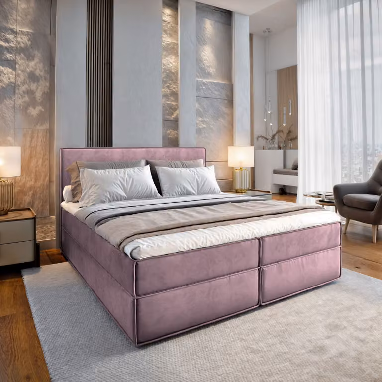 Letto a molle Masseno PELLIO 140x200 cm completo di materasso e topper Bonell, letto imbottito con cassettiera - viola, MONOLITH 62