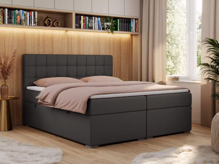 Letto boxspring, letto matrimoniale, letto imbottito con testiera, contenitore - CARMEN - 200x200 - Grigio scuro - Pelle finta - H4