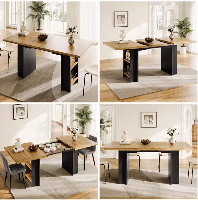 Tavolo da pranzo - telescopico 120-160x80 cm - con ripiani - legno naturale - per cucina e soggiorno