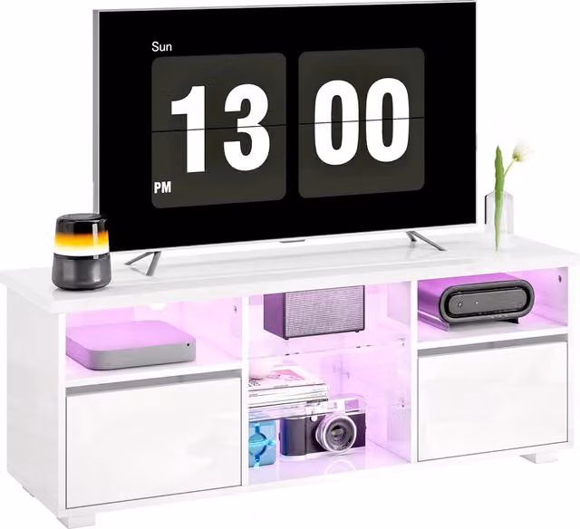 Mobile TV moderno XYLO bianco con illuminazione LED integrata e vetro, L: 120 cm, P: 34 cm, H: 45 cm – 1