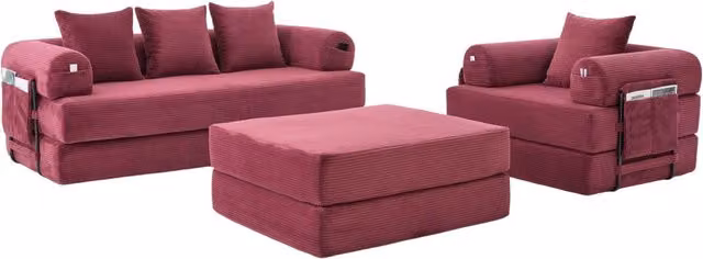 Sofa modulare 4 posti in tessuto a coste con struttura in metallo, Include pouf e 4 cuscini, design versatile e salvaspazio