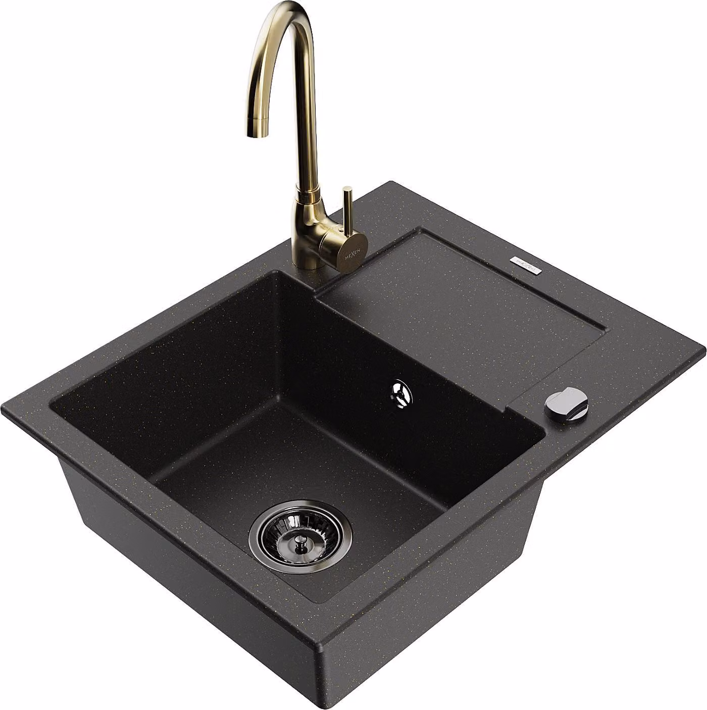 Mexen Enzo lavello in granito a 1 vasca con gocciolatoio e rubinetto cucina Telma, nero/oro - 6506-75-670200-50-B