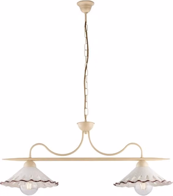 Lampadario a sospensione Osteria BELIGHT con 2 luci in ferro avorio decapè e coppe in ceramica decorata bianca e marrone – 1