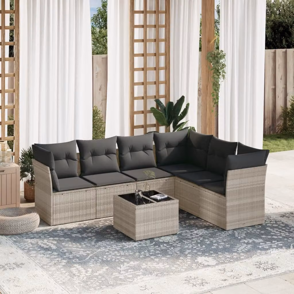vidaXL Set Divani da Giardino 7pz a Forma di L in Polyrattan con Cuscini Grigio Chiaro e Tavolino da Esterno – 1