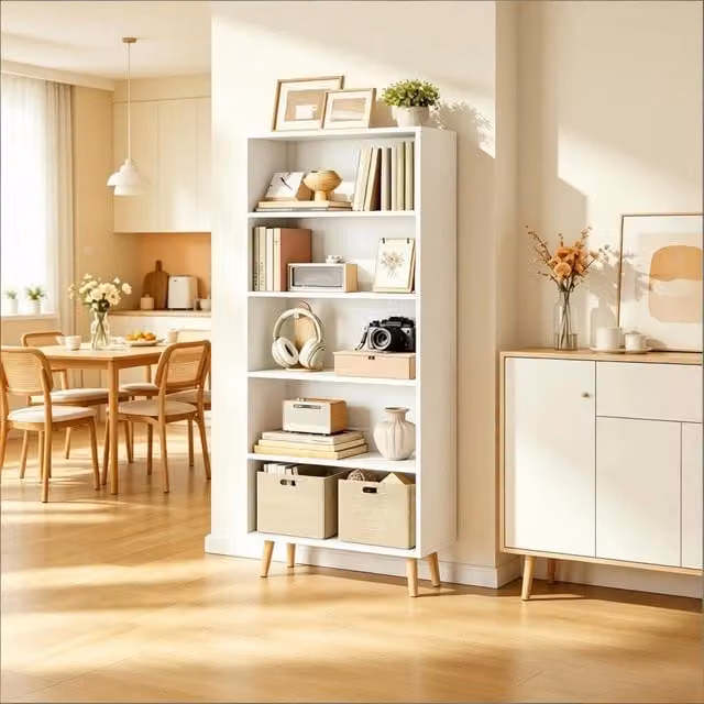 Libreria 60x24x144 cm con 5 vani aperti in pannello melaminico e legno bianca