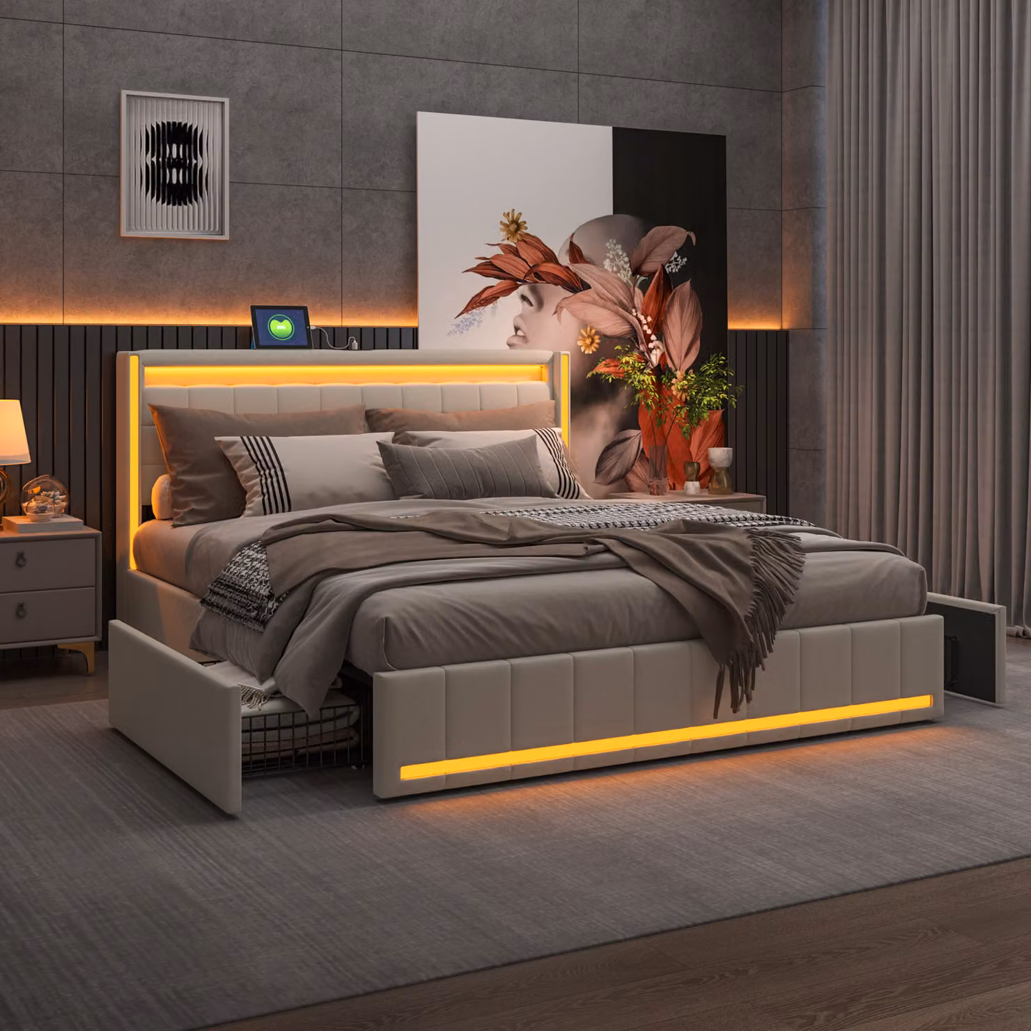 Letto imbottito ProximaX 140x190 con USB e tipo C, letto matrimoniale con rete a doghe e 4 cassetti, letto per ragazzi con LED, letto funzionale letto contenitore letto matrimoniale, velluto, beige