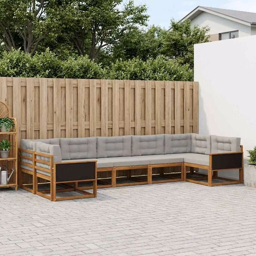 Set di divani da esterno vidaXL a forma di L in legno di acacia con cuscini, 7 pezzi, Marrone e Grigio