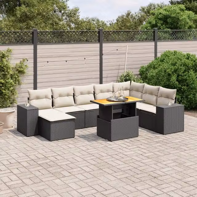 Set Divani da Giardino 9 pz con Cuscini Nero in Polyrattan 3272771