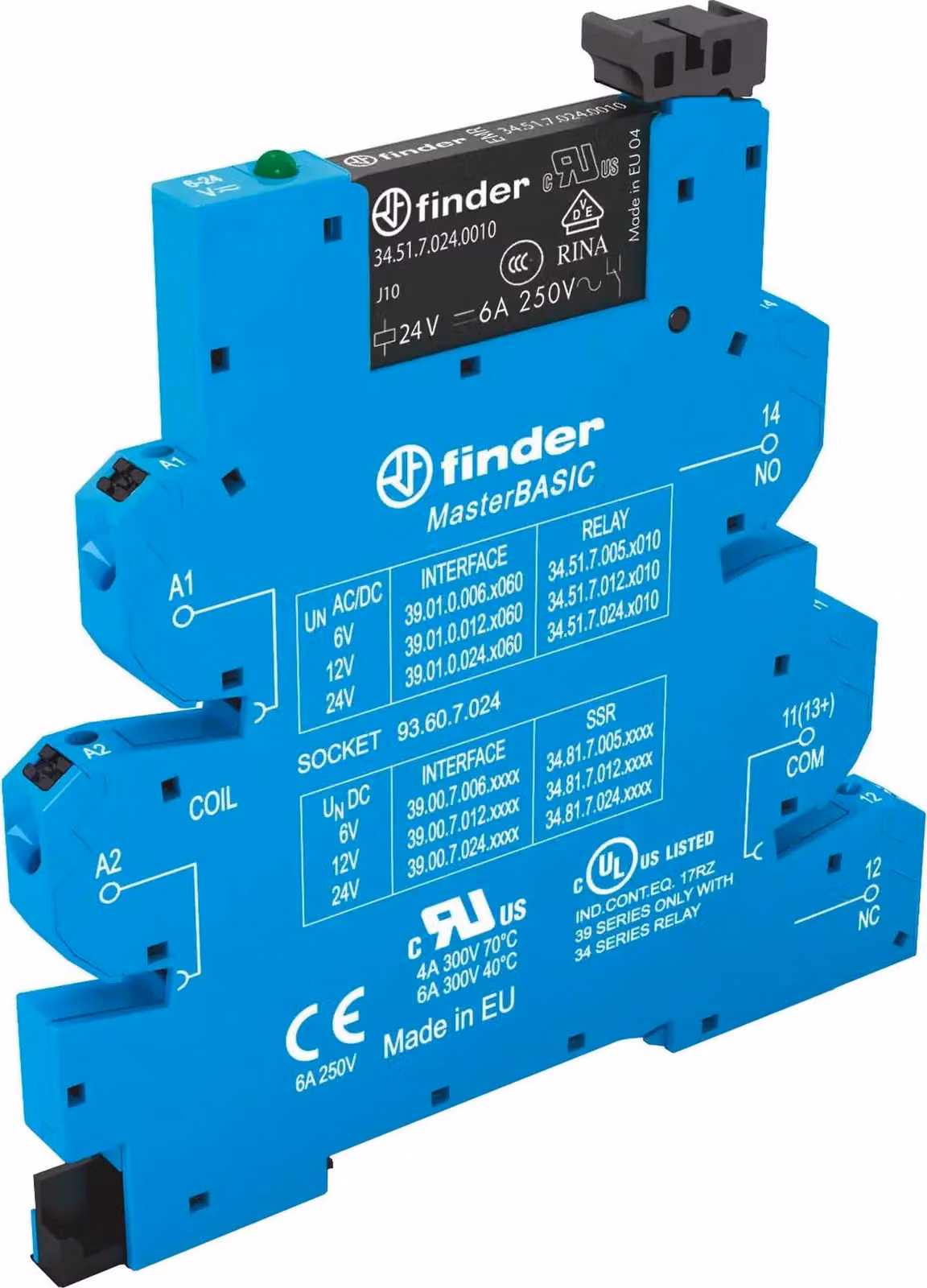 Relè di accoppiamento EMR Finder 39.01.8.230.0060, 230 V CA, 1 inversore, 6 A, push-in, 10 pezzi.