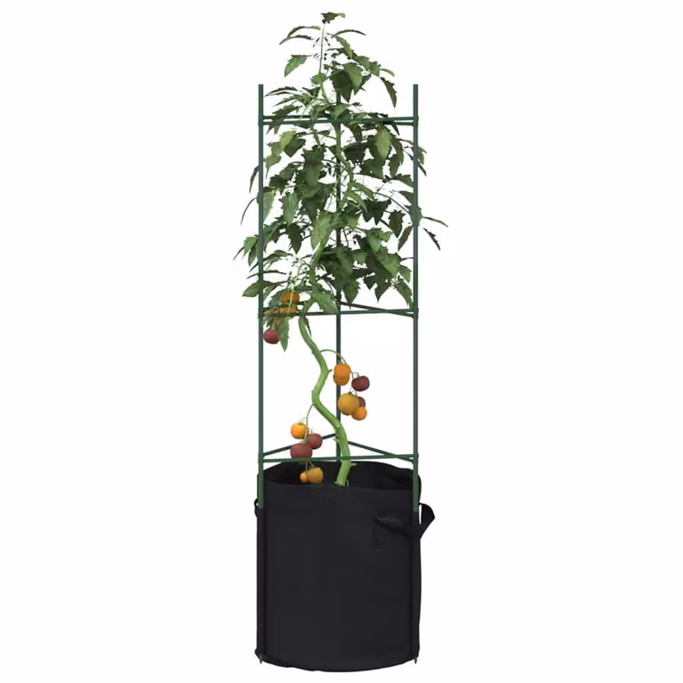 Set di 4 sostegni per pomodori vidaXL con sacchetti per piante in acciaio e plastica, colore verde e nero, Altezza: 116 cm
