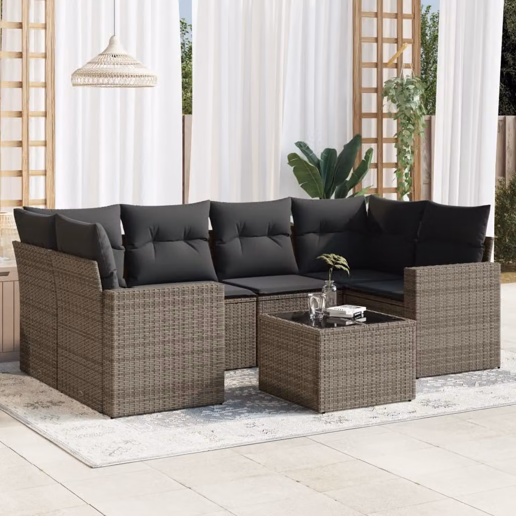 vidaXL Set Divani da Giardino 7 pz a Forma a L con Tavolino in Polyrattan e Cuscini Grigio – 1