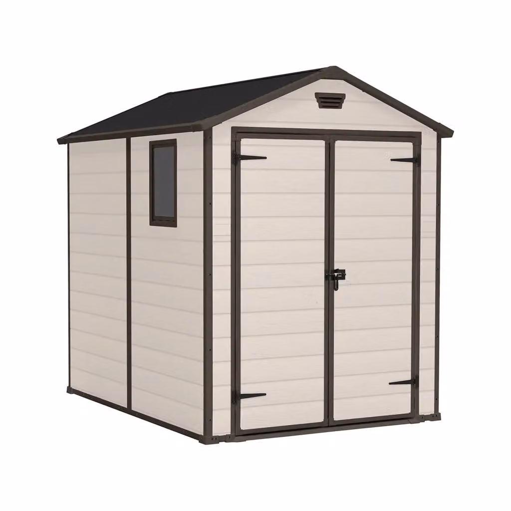 Casetta da giardino Cranbrook DMORA, capanno da esterno e ripostiglio per attrezzi in plastica con doppia porta e finestra, Beige, L: 236,8 cm, P: 185,8 cm, H: 227 cm – 2