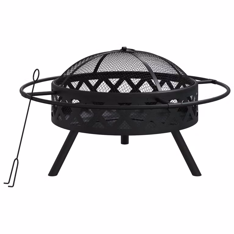 The Living Store Ciotola da fuoco con attizzatoio 70 cm XXL in acciaio
