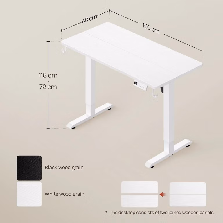 Scrivania regolabile in altezza elettricamente - Scrivania da gaming - 100 x 48 cm - Altezza 72–118 cm - 3 posizioni di altezza memorizzabili - Porta USB integrata - Bianco