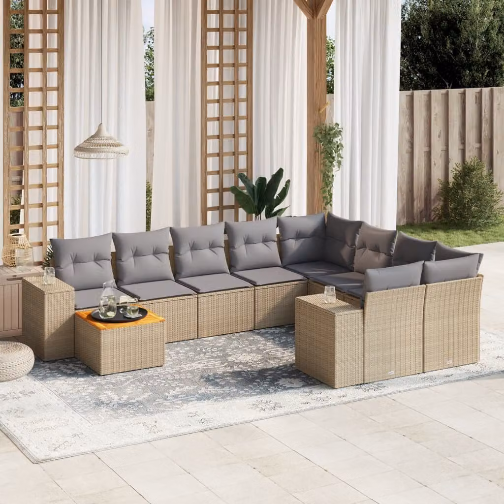 vidaXL Set Divano da Giardino 10 pz in Polyrattan con Cuscini Beige e Tavolino da Esterno – 1