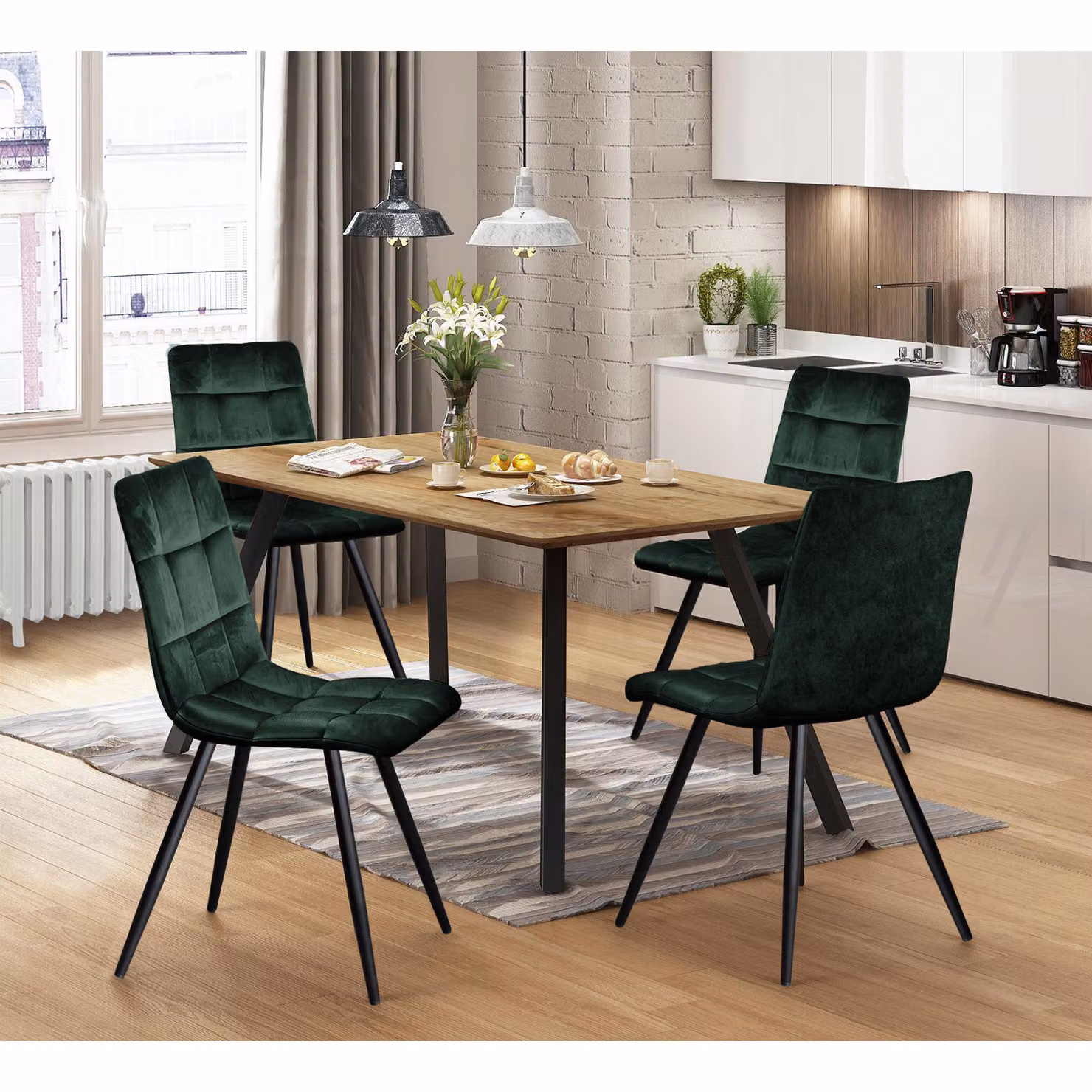 Tavolo da pranzo BERGEN in rovere + 4 sedie BERGEN in velluto verde