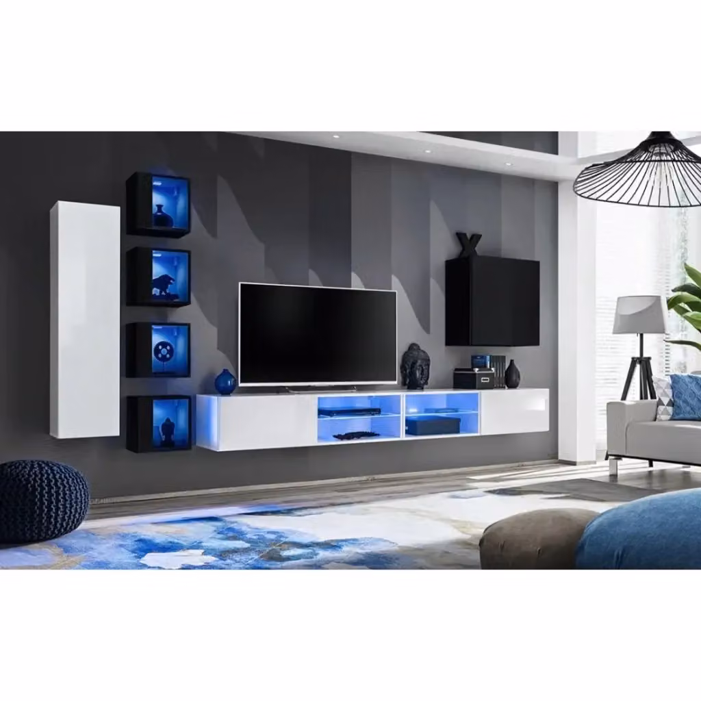Set mobili da soggiorno moderni Meublorama SWITCH XXVI in MDF bianco e nero con illuminazione integrata e ante in vetro – 2