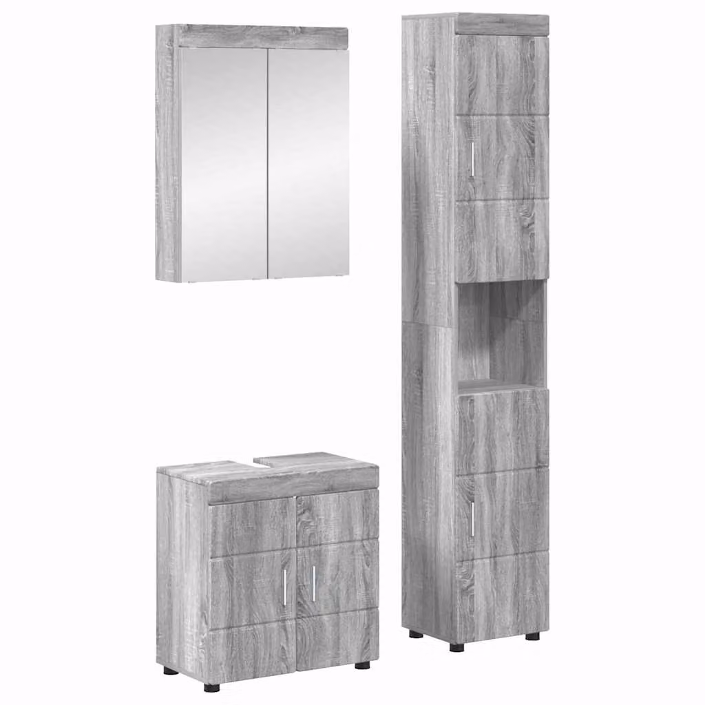 Set di mobili per il bagno vidaXL TULUM 3 pezzi Grigio Argento con mobile sottolavabo, pensile con specchio e armadietto a muro