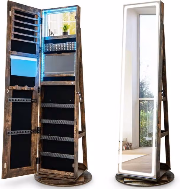 Mobile portagioie con specchio a LED regolabile, Armadio organizer portagioie con mensola pieghevole per trucco Caff¨¨