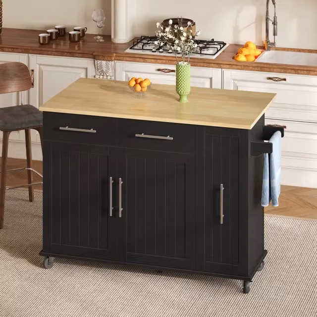 Isola cucina 120x40x90 cm con piano ribaltabile e organizer a 3 livelli in MDF nero naturale
