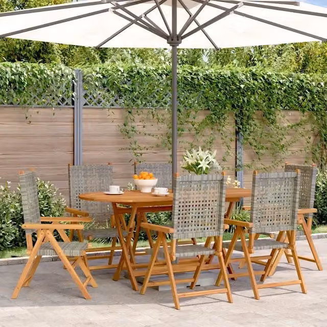 Set di 6 sedie da giardino reclinabili VIDAXL in polyrattan e legno di acacia oliato con cuscini grigi e braccioli