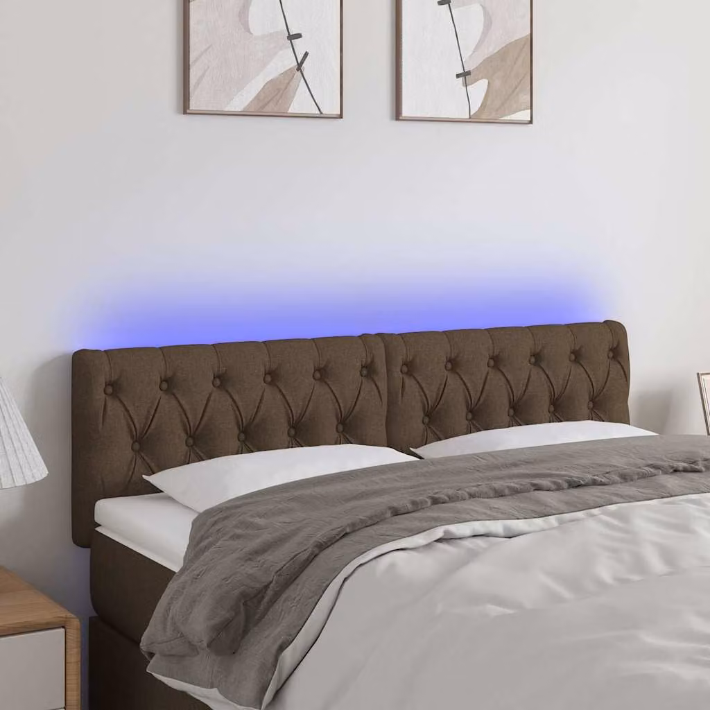 Testiera per letto vidaXL in tessuto marrone scuro con illuminazione LED e porta USB, L: 144 cm, P: 7 cm, H: 78-88 cm