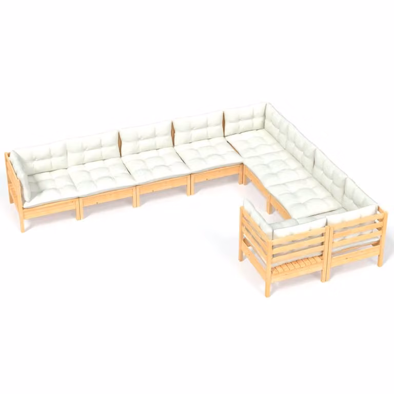 Set Salotto da Giardino 9 pz con Cuscini Crema in Legno di Pino