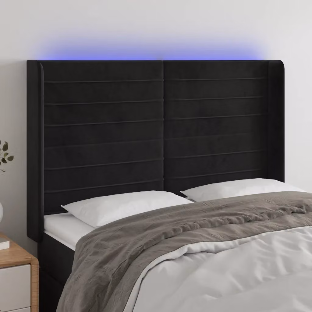 Testata del letto con illuminazione LED e porta di ricarica USB in velluto nero, L: 147 cm, P: 16 cm, H: 118-128 cm – 2