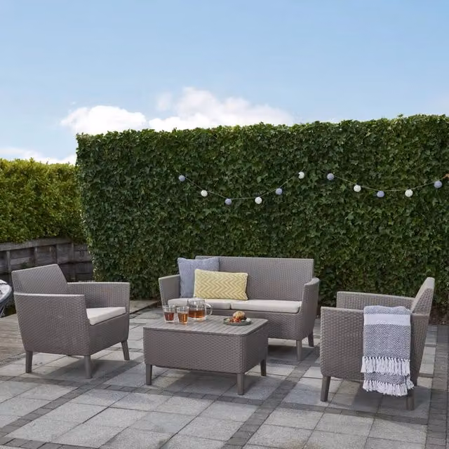 Set salotto da esterno Whitby, Salottino outdoor, Set da balcone o giardino, Composizione soggiorno per esterni, 133x67 h76 cm, Tortora