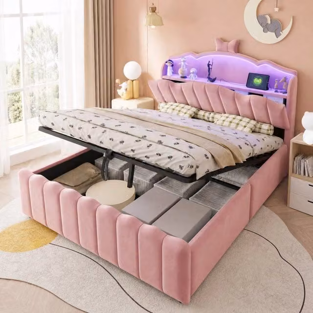 Letto imbottito 140x200 cm con contenitore; LED e porte USB; rosa