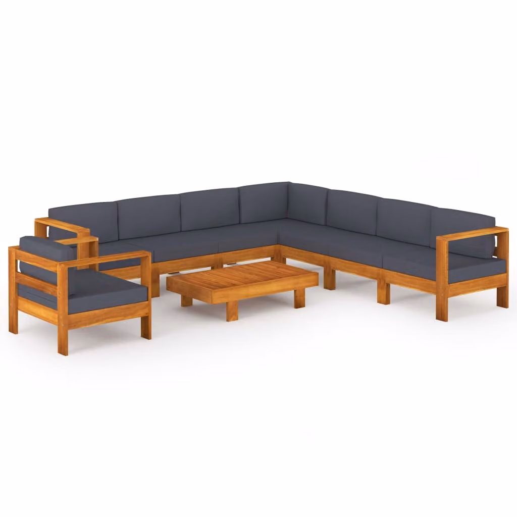 Set Divani Giardino 9 Posti Cuscini Grigi Scuro Massello Acacia
