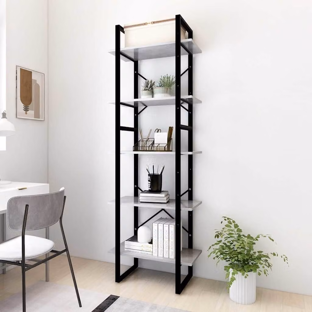 Libreria a 5 Ripiani vidaXL in Stile Industrial Grigio con Struttura in Metallo e Legno L: 60 cm, P: 30 cm, H: 175 cm