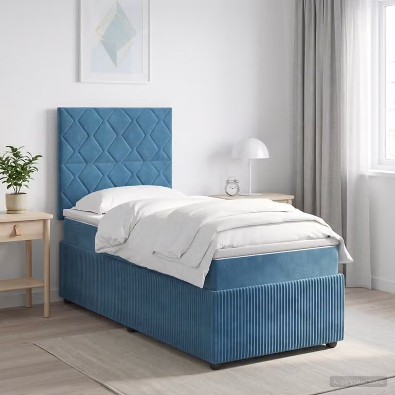 Letto a molle insacchettate con box e materasso, colore blu, in velluto, dimensioni 90 x 190 cm
