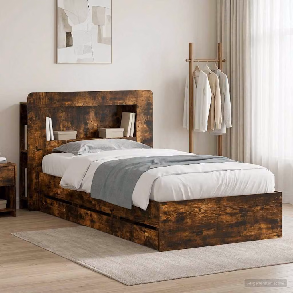 Struttura del letto con stoccaggio e testata vidaXL in legno Rovere Fumo, L/P/H: 221.5 x 140 x 93.5 cm