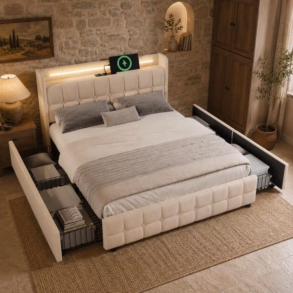 Letto imbottito 180x200 cm con illuminazione a LED, testiera dotata di 2 prese USB e 2 prese di corrente, oltre a 4 cassetti. Struttura del letto con rete a listelli in legno. Colore: beige
