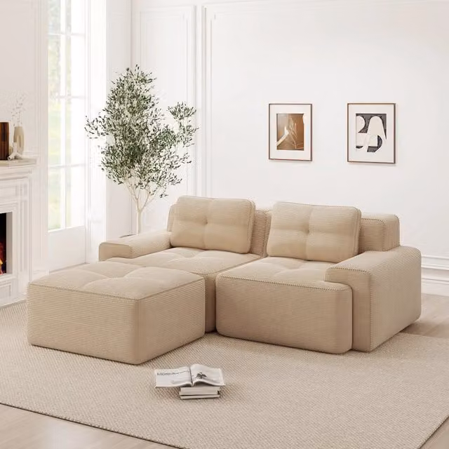 Divano Modulare Angolare con Ottoman ¨C Xylo ¨C Velluto a Coste Beige, Estraibile