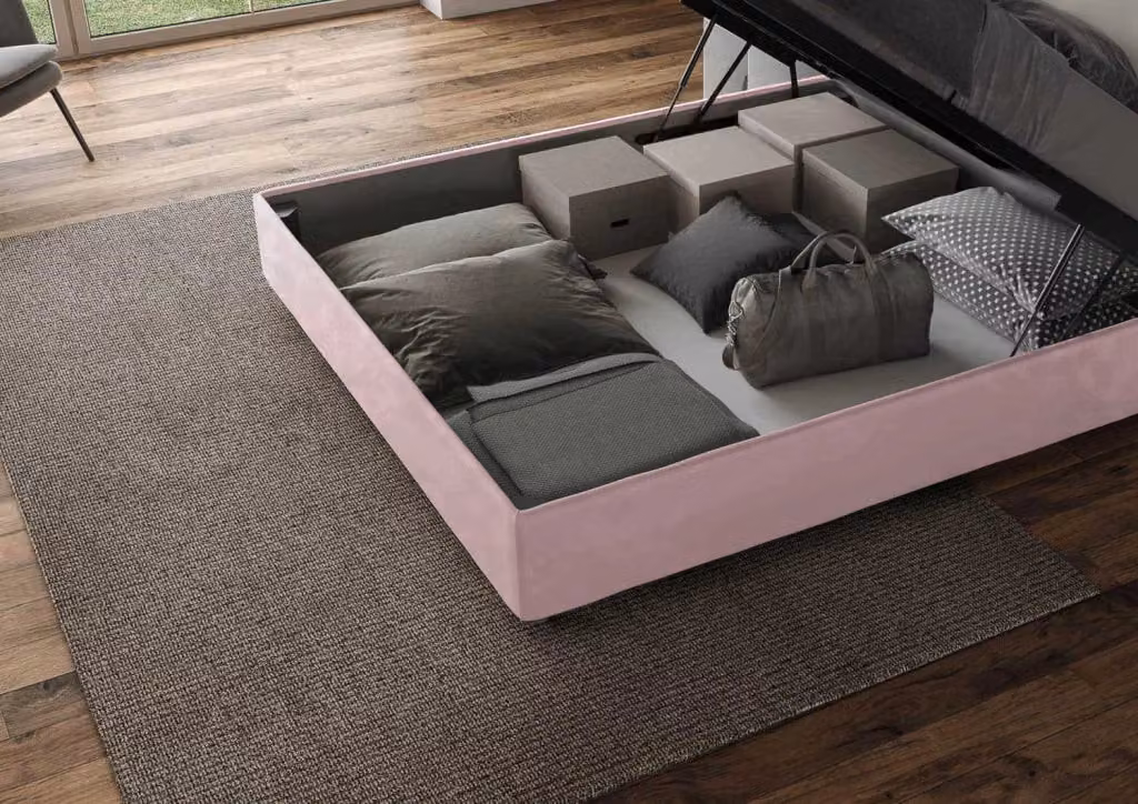 Letto matrimoniale contenitore imbottito BS COM in microfibra colore glicine L/P/H: 160 x 200 x 122 cm – 2