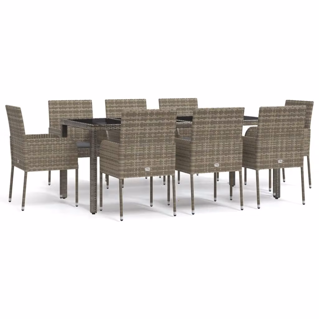 Set da Pranzo da Giardino 9 pz con Cuscini in Polyrattan Grigio