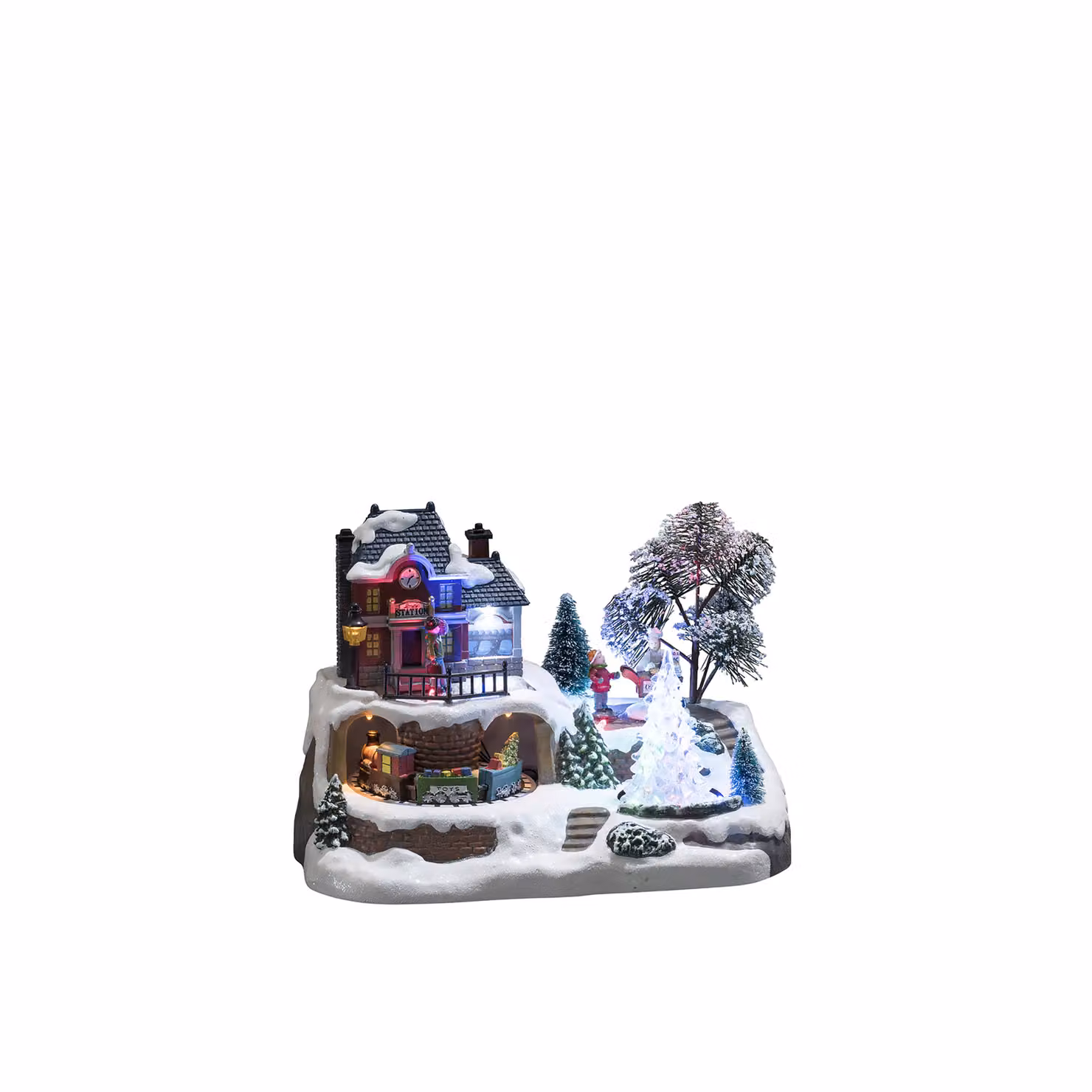 Scenario a LED "Stazione ferroviaria con albero di Natale di cristallo" con animazione e 8 classici canti natalizi, funzione energetica selezionabile, 9 diodi colorati, 4,5 V In