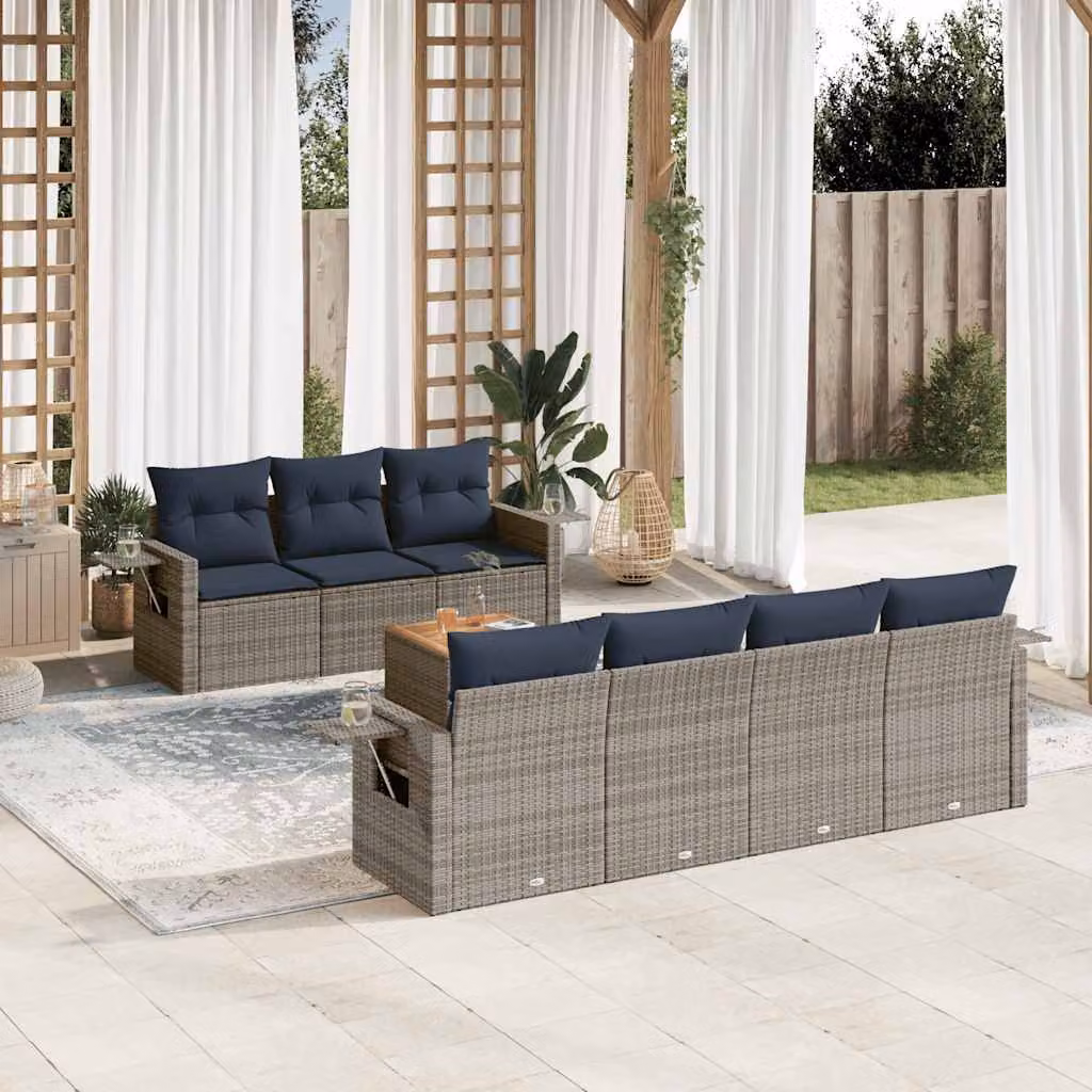 Set da giardino vidaXL in polyrattan composto da 8 pezzi con cuscini grigi e tavolino da esterno
