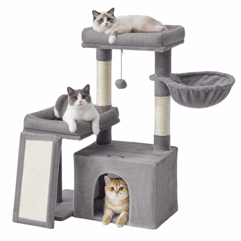 Feandrea Tiragraffi, tiragraffi per gatti con colonne, rampa, tiragraffi, 2 grandi piattaforme, cuccia e cestino, altezza 85,8 cm, grigio tortora